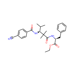 CCOC(=O)[C@H](Cc1ccccc1)NC(=O)C(C)(C)[C@@H](NC(=O)c1ccc(C#N)cc1)C(C)C ZINC000013782750