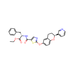 CCOC(=O)[C@H](Cc1ccccc1)NC(=O)c1cnc(Oc2ccc3c(c2)CC[C@@H](c2cccnc2)O3)s1 ZINC000145534388