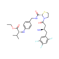 CCOC(=O)[C@H](Nc1ccc(CNC(=O)[C@@H]2SCCN2C(=O)C[C@H](N)Cc2cc(F)c(F)cc2F)cc1)C(C)C ZINC000043197114