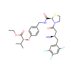 CCOC(=O)[C@H](Oc1ccc(CNC(=O)[C@H]2SCCN2C(=O)C[C@H](N)Cc2cc(F)c(F)cc2F)cc1)C(C)C ZINC000066112921