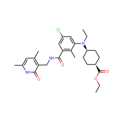 CCOC(=O)[C@H]1CC[C@@H](N(CC)c2cc(Cl)cc(C(=O)NCc3c(C)cc(C)[nH]c3=O)c2C)CC1 ZINC001772580035