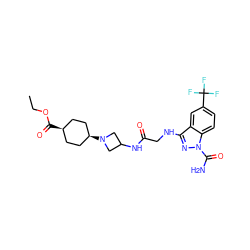 CCOC(=O)[C@H]1CC[C@@H](N2CC(NC(=O)CNc3nn(C(N)=O)c4ccc(C(F)(F)F)cc34)C2)CC1 ZINC000261081181