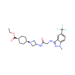 CCOC(=O)[C@H]1CC[C@@H](N2CC(NC(=O)CNc3nn(C)c4ccc(C(F)(F)F)cc34)C2)CC1 ZINC000261160540