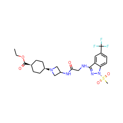 CCOC(=O)[C@H]1CC[C@@H](N2CC(NC(=O)CNc3nn(S(C)(=O)=O)c4ccc(C(F)(F)F)cc34)C2)CC1 ZINC000253806718