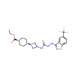 CCOC(=O)[C@H]1CC[C@@H](N2CC(NC(=O)CNc3noc4ccc(C(F)(F)F)cc34)C2)CC1 ZINC000261186328
