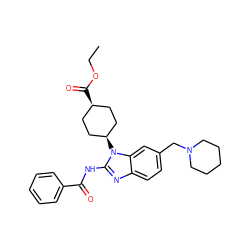 CCOC(=O)[C@H]1CC[C@@H](n2c(NC(=O)c3ccccc3)nc3ccc(CN4CCCCC4)cc32)CC1 ZINC001772648929