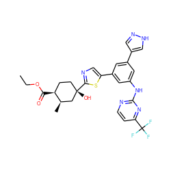 CCOC(=O)[C@H]1CC[C@](O)(c2ncc(-c3cc(Nc4nccc(C(F)(F)F)n4)cc(-c4cn[nH]c4)c3)s2)C[C@H]1C ZINC001772605206