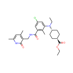 CCOC(=O)[C@H]1CC[C@H](N(CC)c2cc(Cl)cc(C(=O)NCc3c(C)cc(C)[nH]c3=O)c2C)CC1 ZINC001772579780