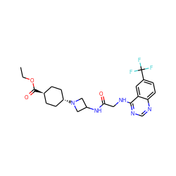 CCOC(=O)[C@H]1CC[C@H](N2CC(NC(=O)CNc3ncnc4ccc(C(F)(F)F)cc34)C2)CC1 ZINC000149204020