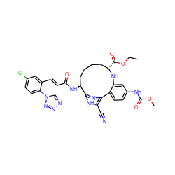 CCOC(=O)[C@H]1CCCC[C@H](NC(=O)/C=C/c2cc(Cl)ccc2-n2cnnn2)c2nc(c(C#N)[nH]2)-c2ccc(NC(=O)OC)cc2N1 ZINC000164698750