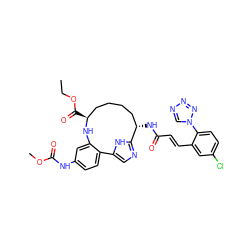 CCOC(=O)[C@H]1CCCC[C@H](NC(=O)/C=C/c2cc(Cl)ccc2-n2cnnn2)c2ncc([nH]2)-c2ccc(NC(=O)OC)cc2N1 ZINC000205371205