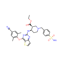 CCOC(=O)[C@H]1CN(Cc2ccc(S(N)(=O)=O)cc2)CC[C@H]1Nc1nc(Oc2c(C)cc(C#N)cc2C)c2sccc2n1 ZINC001772651800