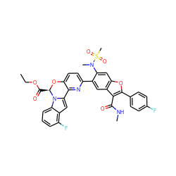 CCOC(=O)[C@H]1Oc2ccc(-c3cc4c(C(=O)NC)c(-c5ccc(F)cc5)oc4cc3N(C)S(C)(=O)=O)nc2-c2cc3c(F)cccc3n21 ZINC000218301578