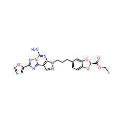 CCOC(=O)[C@H]1Oc2ccc(CCCn3ncc4c3nc(N)n3nc(-c5ccco5)nc43)cc2O1 ZINC000045284427