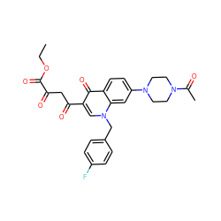 CCOC(=O)C(=O)CC(=O)c1cn(Cc2ccc(F)cc2)c2cc(N3CCN(C(C)=O)CC3)ccc2c1=O ZINC000169312550