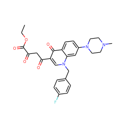 CCOC(=O)C(=O)CC(=O)c1cn(Cc2ccc(F)cc2)c2cc(N3CCN(C)CC3)ccc2c1=O ZINC000169312548