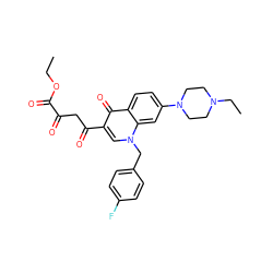 CCOC(=O)C(=O)CC(=O)c1cn(Cc2ccc(F)cc2)c2cc(N3CCN(CC)CC3)ccc2c1=O ZINC000169312549