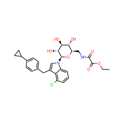 CCOC(=O)C(=O)NC[C@H]1O[C@@H](n2cc(Cc3ccc(C4CC4)cc3)c3c(Cl)cccc32)[C@H](O)[C@@H](O)[C@@H]1O ZINC000653745125