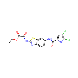 CCOC(=O)C(=O)Nc1nc2ccc(NC(=O)c3cc(Cl)c(Cl)[nH]3)cc2s1 ZINC001772631242