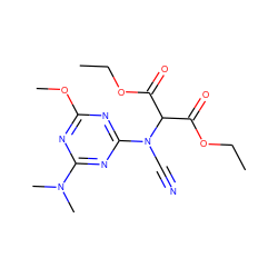 CCOC(=O)C(C(=O)OCC)N(C#N)c1nc(OC)nc(N(C)C)n1 ZINC000002279362