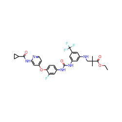 CCOC(=O)C(C)(C)CNc1cc(NC(=O)Nc2ccc(Oc3ccnc(NC(=O)C4CC4)c3)c(F)c2)cc(C(F)(F)F)c1 ZINC001772583055