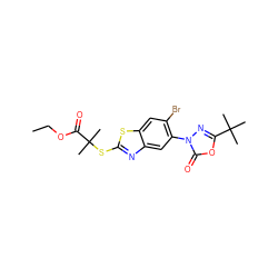 CCOC(=O)C(C)(C)Sc1nc2cc(-n3nc(C(C)(C)C)oc3=O)c(Br)cc2s1 ZINC000073197616