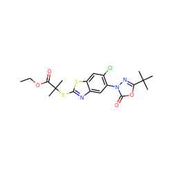 CCOC(=O)C(C)(C)Sc1nc2cc(-n3nc(C(C)(C)C)oc3=O)c(Cl)cc2s1 ZINC000082156637