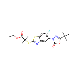 CCOC(=O)C(C)(C)Sc1nc2cc(-n3nc(C(C)(C)C)oc3=O)c(F)cc2s1 ZINC000082152134