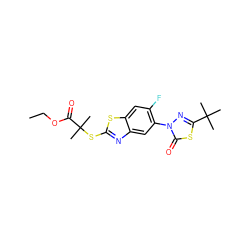 CCOC(=O)C(C)(C)Sc1nc2cc(-n3nc(C(C)(C)C)sc3=O)c(F)cc2s1 ZINC000082150474