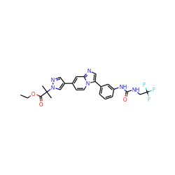 CCOC(=O)C(C)(C)n1cc(-c2ccn3c(-c4cccc(NC(=O)NCC(F)(F)F)c4)cnc3c2)cn1 ZINC000139500799