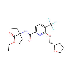 CCOC(=O)C(CC)(CC)NC(=O)c1ccc(C(F)(F)F)c(OC[C@@H]2CCCO2)n1 ZINC000150226803