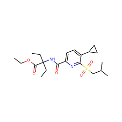 CCOC(=O)C(CC)(CC)NC(=O)c1ccc(C2CC2)c(S(=O)(=O)CC(C)C)n1 ZINC000150218053