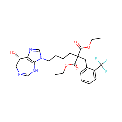 CCOC(=O)C(CCCCn1cnc2c1NC=NC[C@@H]2O)(Cc1ccccc1C(F)(F)F)C(=O)OCC ZINC000013807833