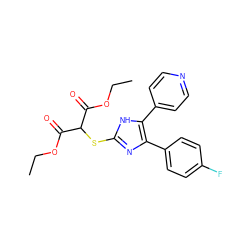 CCOC(=O)C(Sc1nc(-c2ccc(F)cc2)c(-c2ccncc2)[nH]1)C(=O)OCC ZINC000038654897