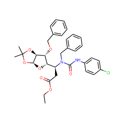 CCOC(=O)C[C@@H]([C@@H]1O[C@H]2OC(C)(C)O[C@H]2[C@@H]1OCc1ccccc1)N(Cc1ccccc1)C(=O)Nc1ccc(Cl)cc1 ZINC000014979663