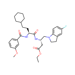 CCOC(=O)C[C@@H](CN1CCc2cc(F)ccc21)NC(=O)[C@H](CCC1CCCCC1)NC(=O)c1cccc(OC)c1 ZINC000028571639