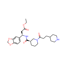 CCOC(=O)C[C@@H](NC(=O)[C@@H]1CCCN(C(=O)CCC2CCNCC2)C1)c1ccc2c(c1)OCO2 ZINC000027564028