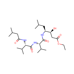 CCOC(=O)C[C@H](O)[C@H](CC(C)C)NC(=O)[C@@H](NC(=O)[C@@H](NC(=O)CC(C)C)C(C)C)C(C)C ZINC000013536503