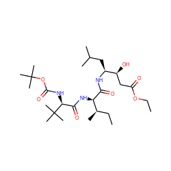 CCOC(=O)C[C@H](O)[C@H](CC(C)C)NC(=O)[C@H](NC(=O)[C@H](NC(=O)OC(C)(C)C)C(C)(C)C)[C@H](C)CC ZINC000253643384