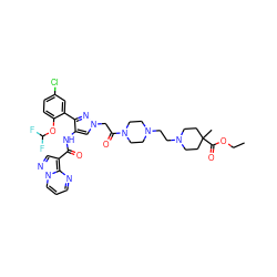 CCOC(=O)C1(C)CCN(CCN2CCN(C(=O)Cn3cc(NC(=O)c4cnn5cccnc45)c(-c4cc(Cl)ccc4OC(F)F)n3)CC2)CC1 ZINC001772650034