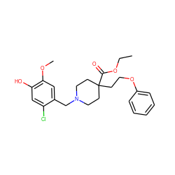 CCOC(=O)C1(CCOc2ccccc2)CCN(Cc2cc(OC)c(O)cc2Cl)CC1 ZINC000012507420