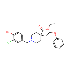 CCOC(=O)C1(CCOc2ccccc2)CCN(Cc2ccc(O)c(Cl)c2)CC1 ZINC000012507495