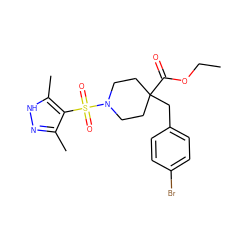 CCOC(=O)C1(Cc2ccc(Br)cc2)CCN(S(=O)(=O)c2c(C)n[nH]c2C)CC1 ZINC000207282438