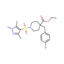 CCOC(=O)C1(Cc2ccc(Br)cc2)CCN(S(=O)(=O)c2c(C)nn(C)c2C)CC1 ZINC000207282497