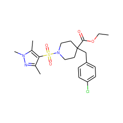 CCOC(=O)C1(Cc2ccc(Cl)cc2)CCN(S(=O)(=O)c2c(C)nn(C)c2C)CC1 ZINC000207267281