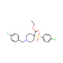 CCOC(=O)C1(S(=O)(=O)c2ccc(Cl)cc2)CCN(Cc2ccc(Cl)cc2)CC1 ZINC000052537215