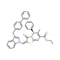 CCOC(=O)C1=C(C)[C@H](c2ccccc2)n2c(s/c(=C/n3cc(Cc4ccc(-c5ccccc5)cc4)c4ccccc43)c2=O)=N1 ZINC000299865593