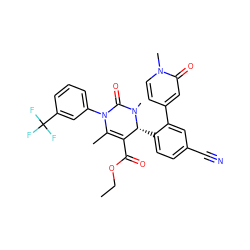 CCOC(=O)C1=C(C)N(c2cccc(C(F)(F)F)c2)C(=O)N(C)[C@@H]1c1ccc(C#N)cc1-c1ccn(C)c(=O)c1 ZINC001772584095