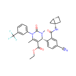 CCOC(=O)C1=C(C)N(c2cccc(C(F)(F)F)c2)C(=O)N(C)[C@@H]1c1ccc(C#N)cc1C(=O)N[C@@]12CC[C@H]1C2 ZINC001772571194