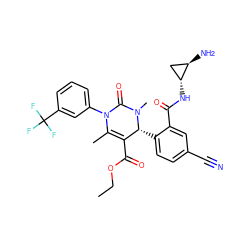 CCOC(=O)C1=C(C)N(c2cccc(C(F)(F)F)c2)C(=O)N(C)[C@@H]1c1ccc(C#N)cc1C(=O)N[C@@H]1C[C@H]1N ZINC001772584871